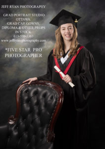 Ottawa Five Star graduation portrait photographer Jeff Ryan Photography. Grad cap, gown, diploma props package in stock. Grad head shots, portrait packages on sale. Grad photos specially priced and discounted.